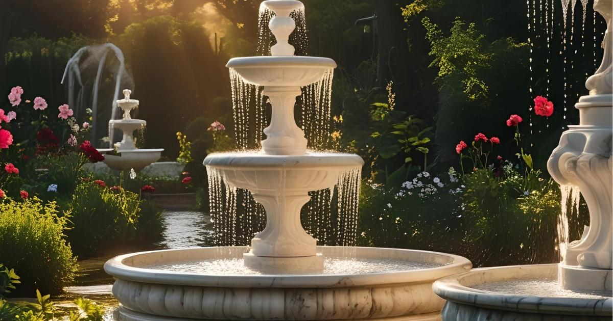 Elegant outdoor marble fountain with water flow