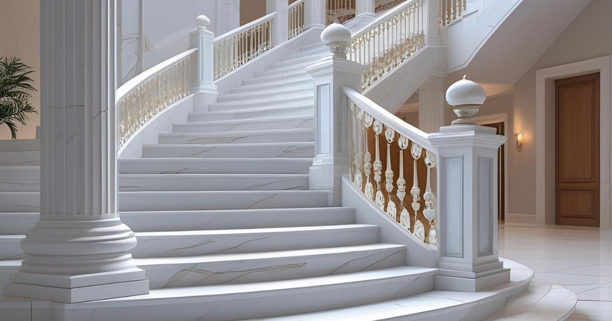 “Elegant luxury marble stairs and pillars design featuring handcrafted inlay work and decorative jaalis”