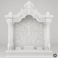 White marble mandir design for home pooja room with carved arch