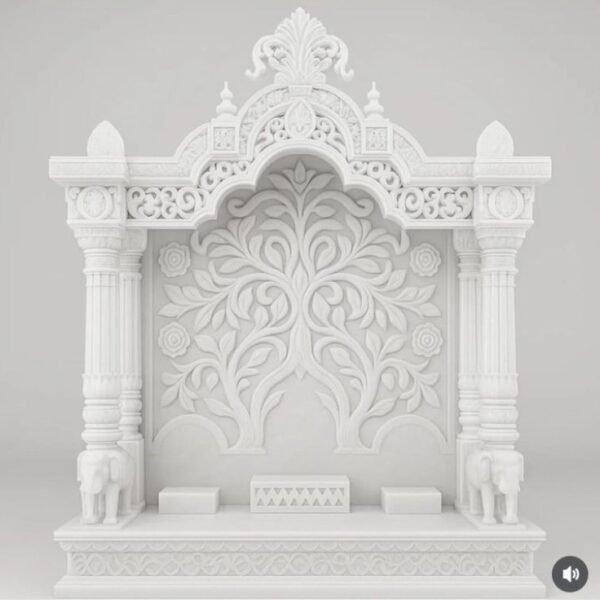 White marble mandir design for home pooja room with carved arch