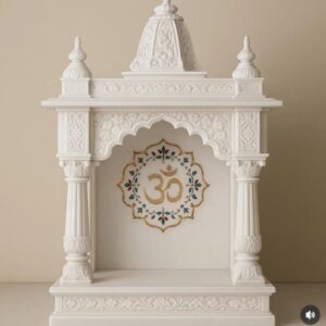 Customized white marble mandir for home pooja room with handcrafted detailing
