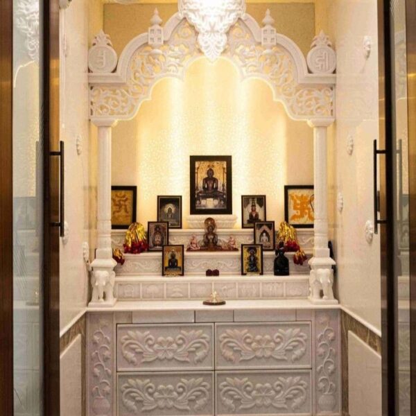 Handcrafted White Marble Pooja Mandir for Apartment Home Interior Hand carved white marble pooja mandir for apartment interiors with detailed floral carving