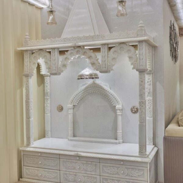 Modern Custom White Marble Temple for Apartments Home Pooja Room Modern custom white marble temple installed in apartment living room for home pooja