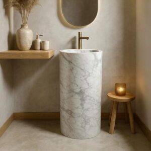 Calacatta Pedestal Marble Sink Minimalist With Access 33_5_ Tall Luxury Marble Washbasin